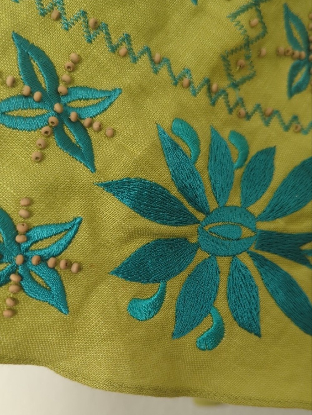 Y2K Sue Wong Linen Spaghetti Strap Dress with Floral Embroidery & Wood Beads - Picture 13 of 17